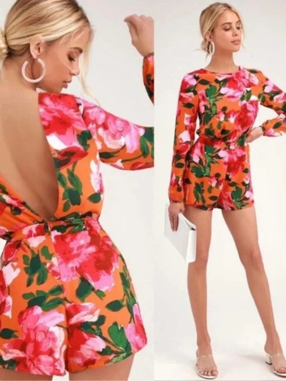 LULUS Sweetest Song Orange Floral Print Romper Backless Long Sleeve, Size S